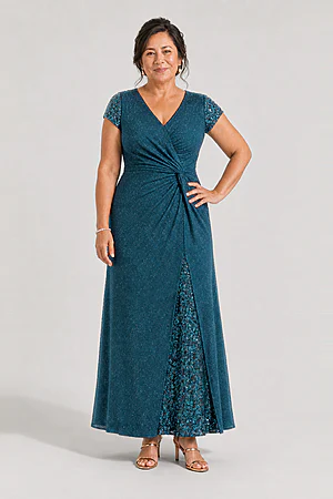 Delphine Twist Waist Glitter Knit Teal Gown by Dressology