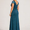 Back view of the Delphine teal twist-waist glitter knit gown by Dressology showing the V back and plain A-line skirt