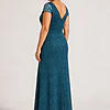 Back view of the Delphine teal twist-waist glitter knit gown by Dressology showing the V back and plain A-line skirt