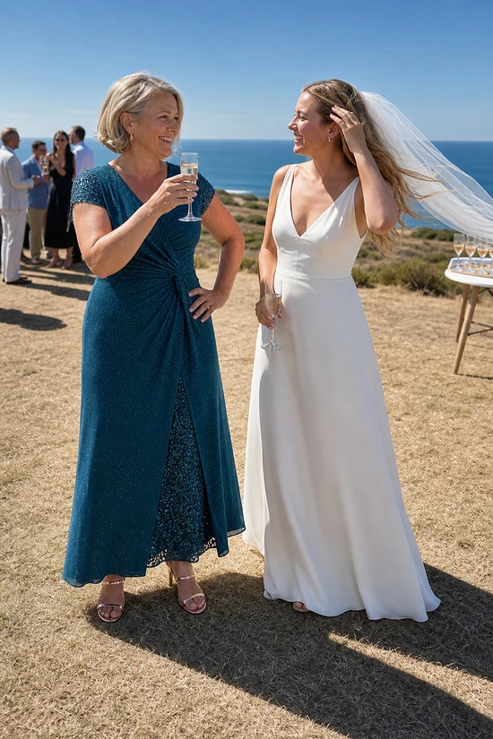 Mother of the bride wearing the teal Delphine glitter knit gown by Dressology, raising a toast with her daughter at the wedding drinks by the sea