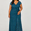 Delphine teal glitter knit gown by Dressology shown on a plus size model, front view