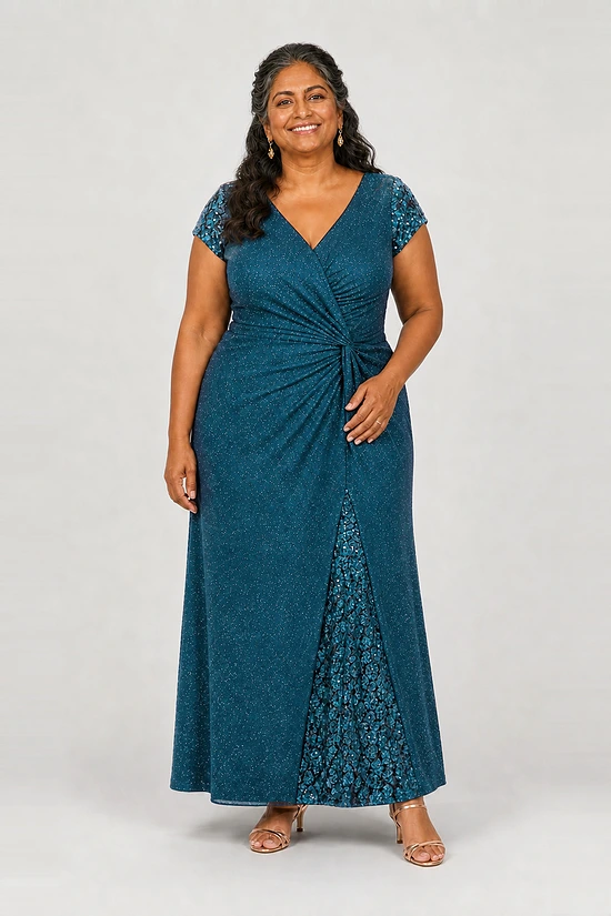 Delphine teal glitter knit gown by Dressology shown on a plus size model, front view