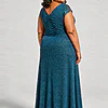 Back view of the Delphine teal twist-waist glitter knit gown by Dressology on a plus size model showing the V back and A-line skirt