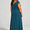Back view of the Delphine teal twist-waist glitter knit gown by Dressology on a plus size model showing the V back and A-line skirt