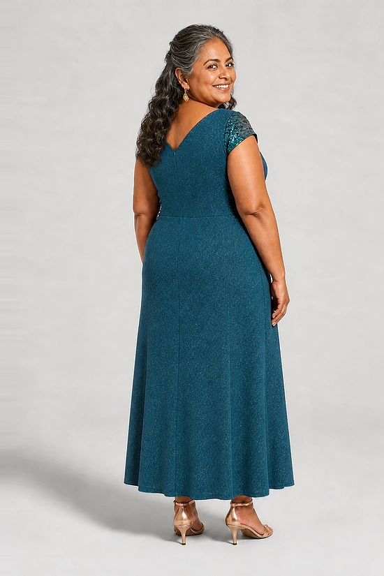 Back view of the Delphine teal twist-waist glitter knit gown by Dressology on a plus size model showing the V back and A-line skirt
