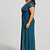 Side view of the Delphine teal twist-waist glitter knit gown by Dressology on a plus size model