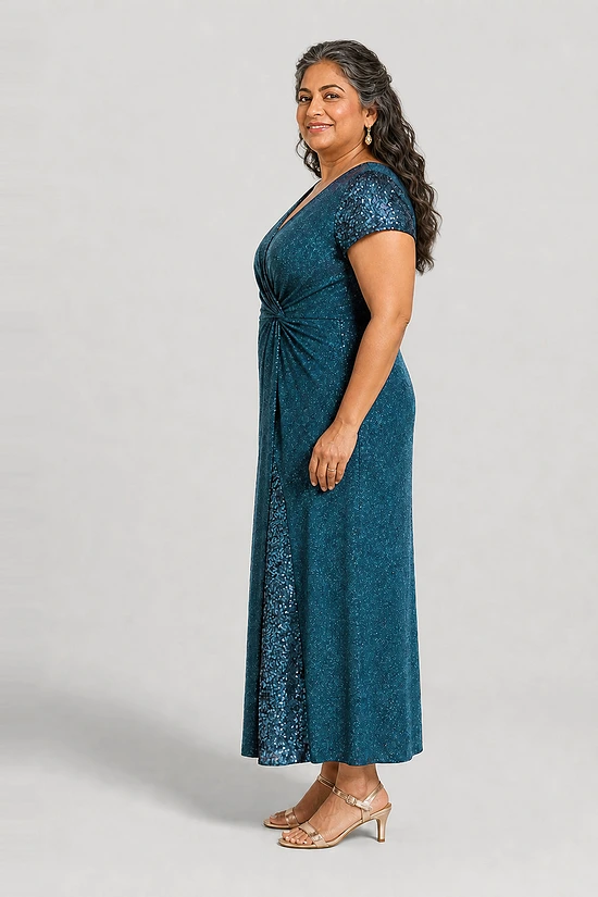 Side view of the Delphine teal twist-waist glitter knit gown by Dressology on a plus size model