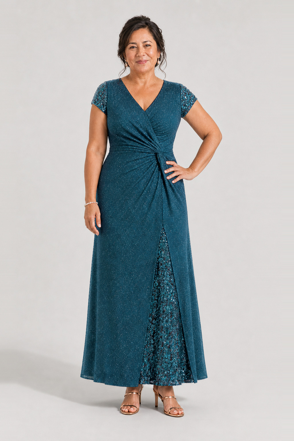 Delphine Twist Waist Glitter Knit Teal Gown by Dressology