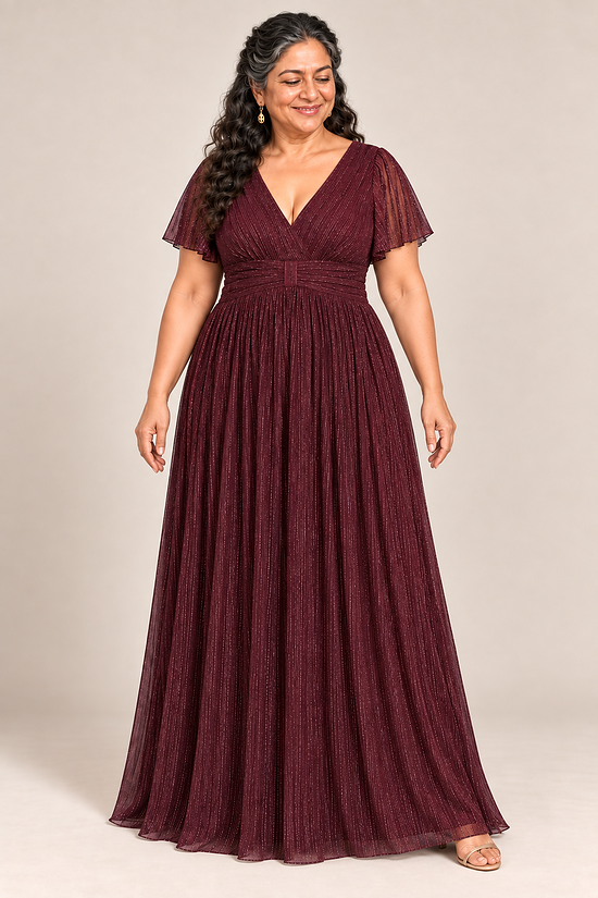 Verity Burgundy gown by Dressology, plus front