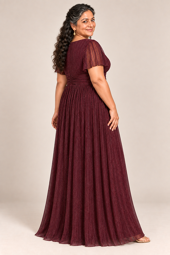 Verity Burgundy gown by Dressology, plus side