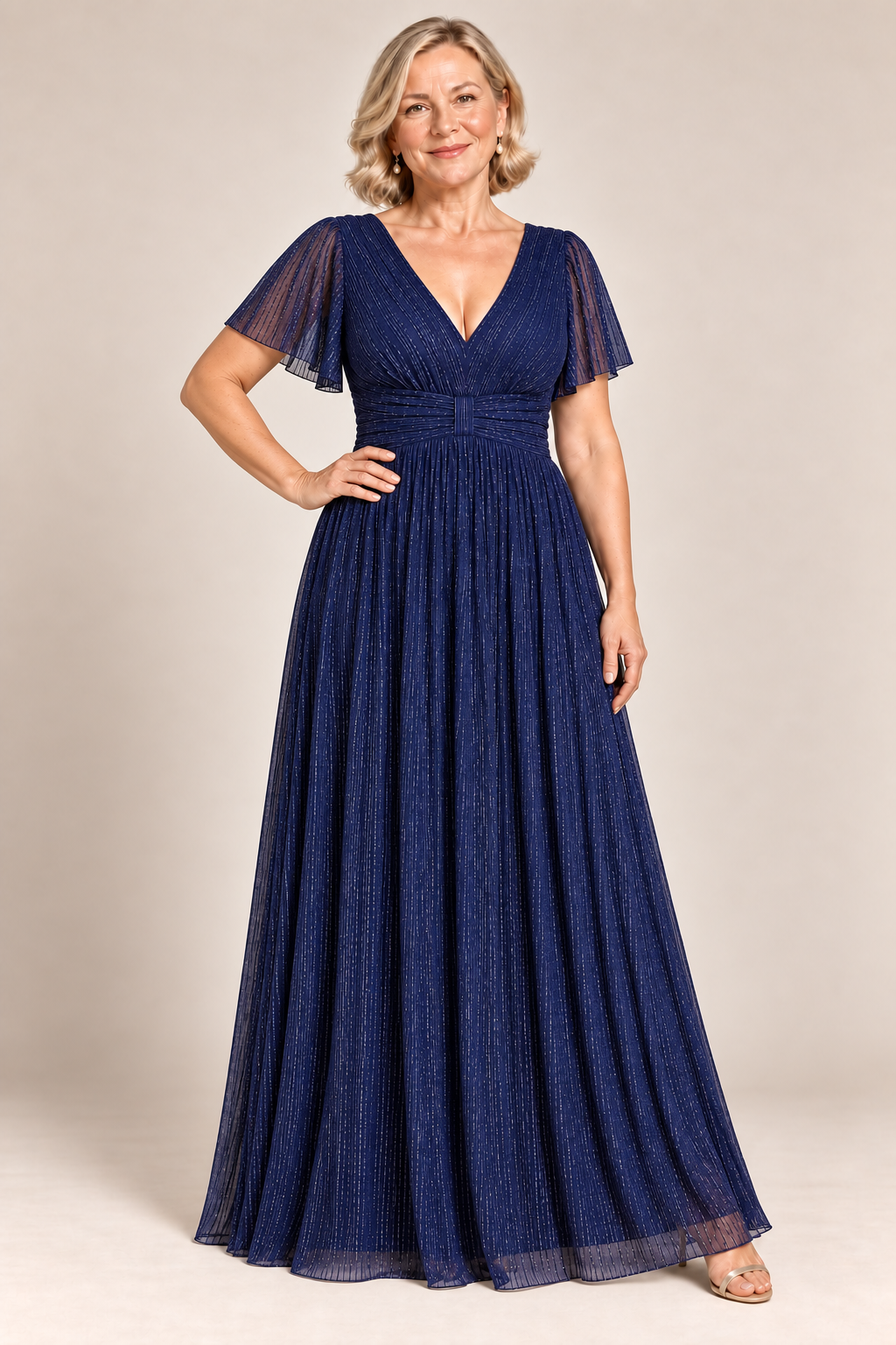 Verity Navy V-Neck Empire Waist Formal Gown by Dressology