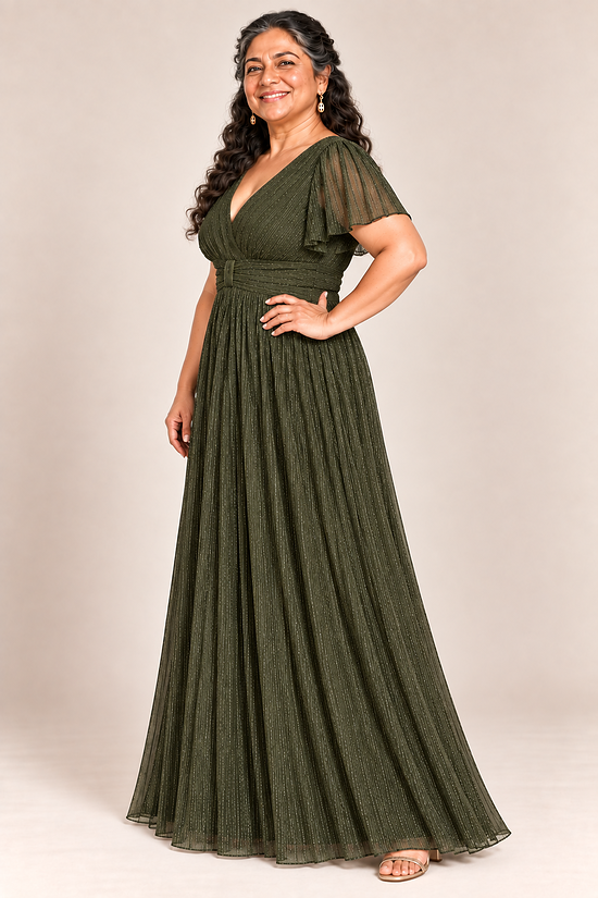 Verity Olive gown by Dressology, plus side
