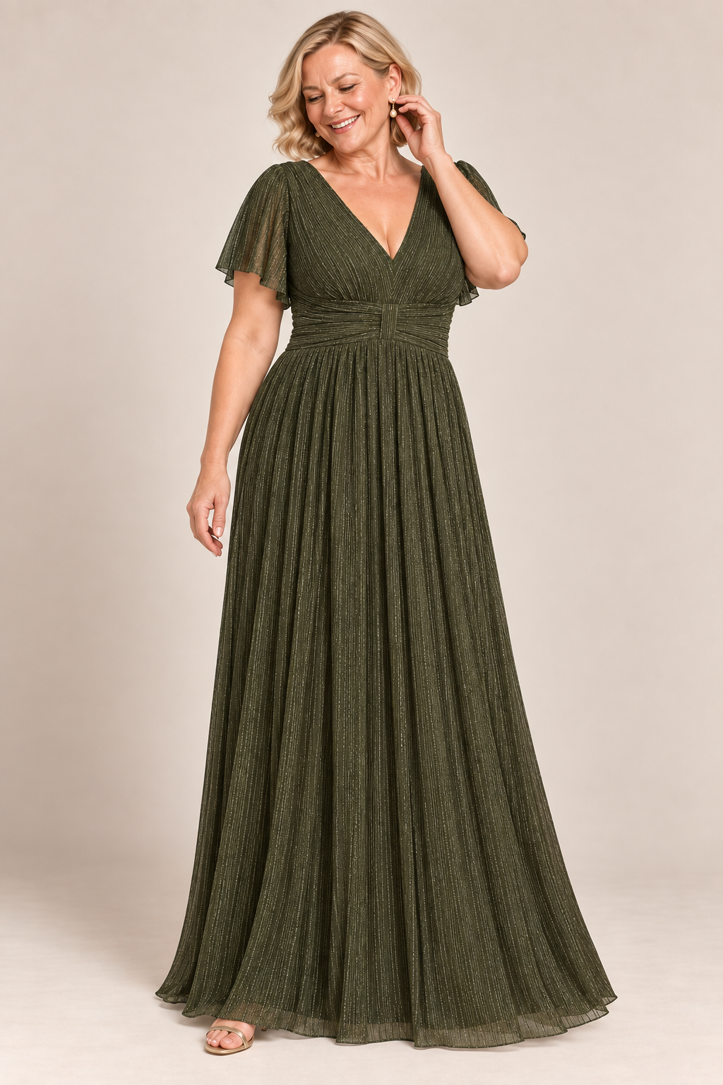 Verity Olive V-Neck Empire Waist Formal Gown by Dressology