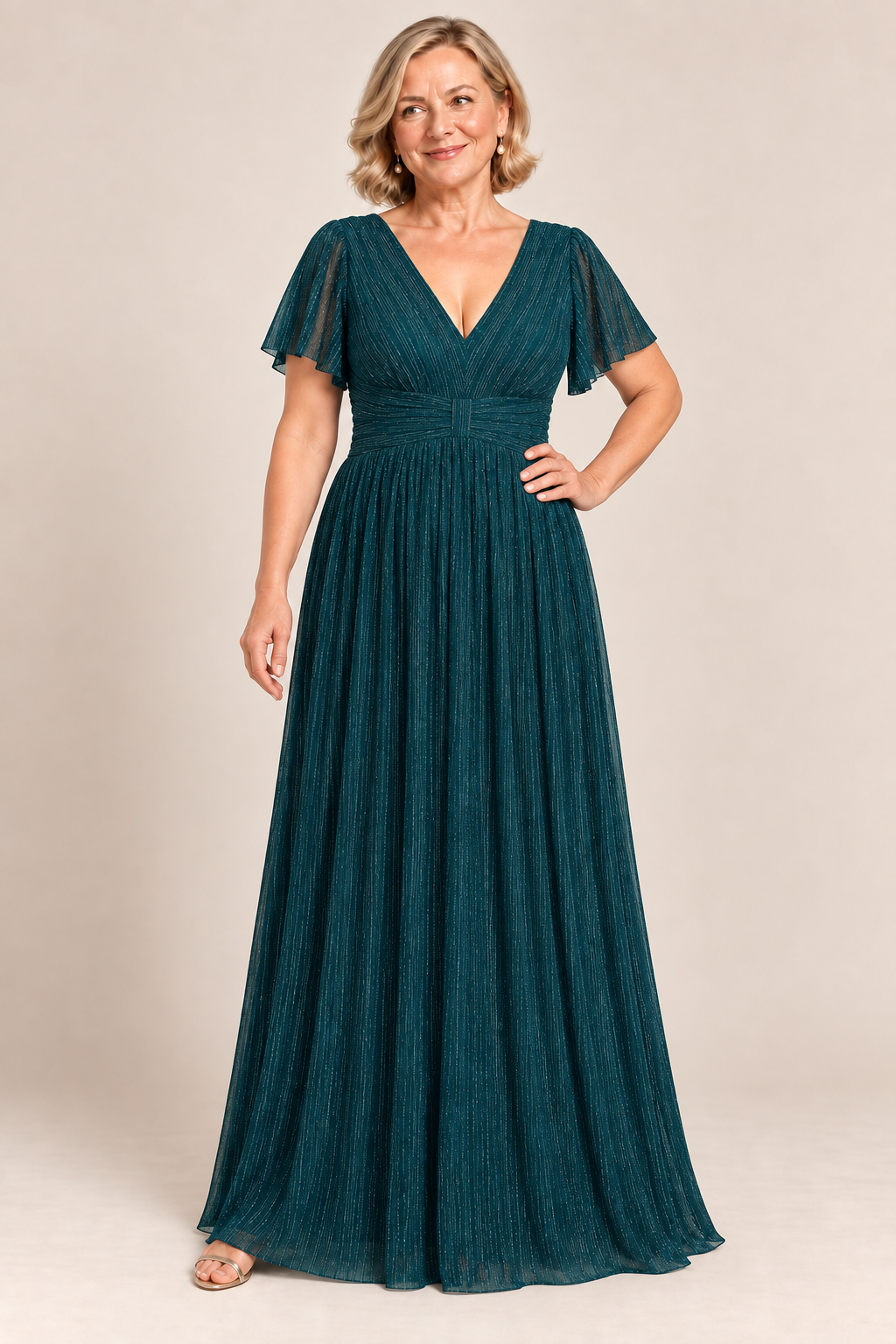 Verity Teal V-Neck Empire Waist Formal Gown by Dressology