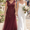 Mother and bride at a coastal wedding, wearing the Sylvie Burgundy gown by Dressology