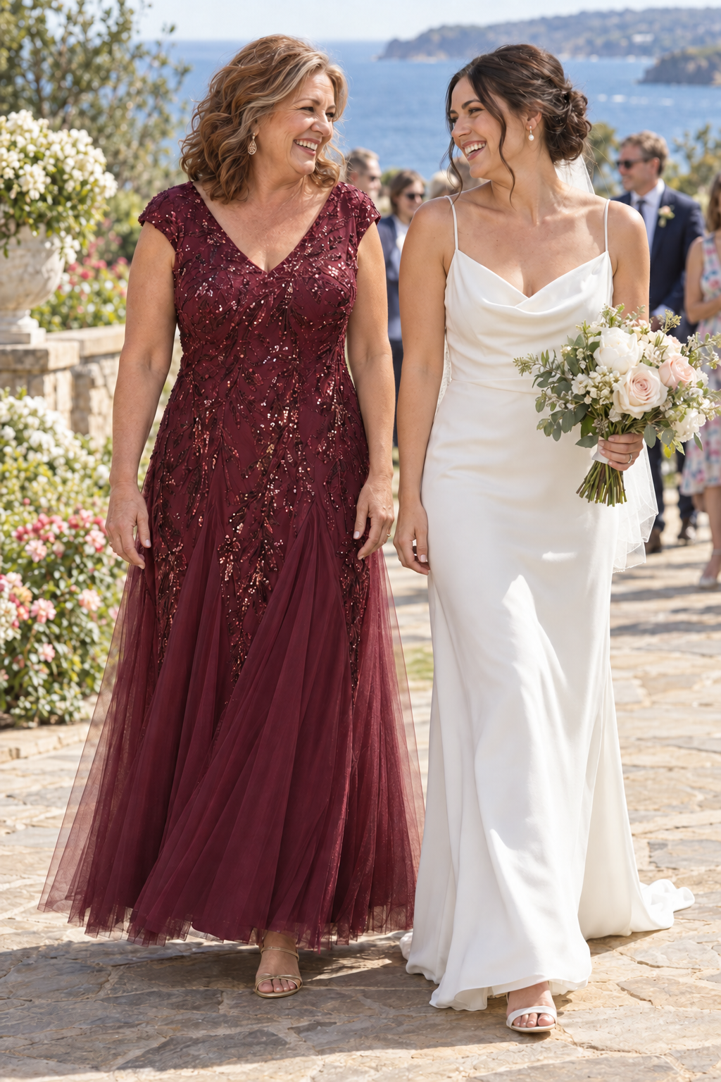 Mother and bride at a coastal wedding, wearing the Sylvie Burgundy gown by Dressology