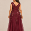 Sylvie glitter embroidered Burgundy gown by Dressology — plus back view