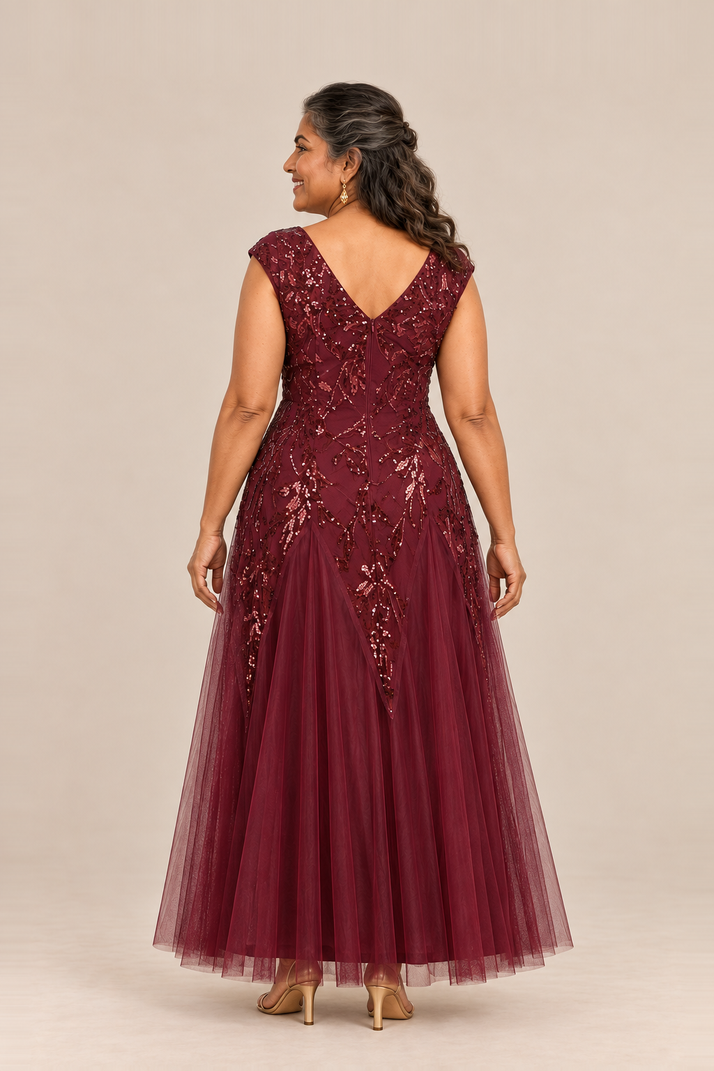 Sylvie glitter embroidered Burgundy gown by Dressology — plus back view