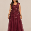 Sylvie glitter embroidered Burgundy gown by Dressology — plus front view