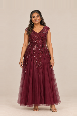 Sylvie Glitter Embroidered Burgundy Gown Soft Sparkle with Gentle Coverage by Dressology