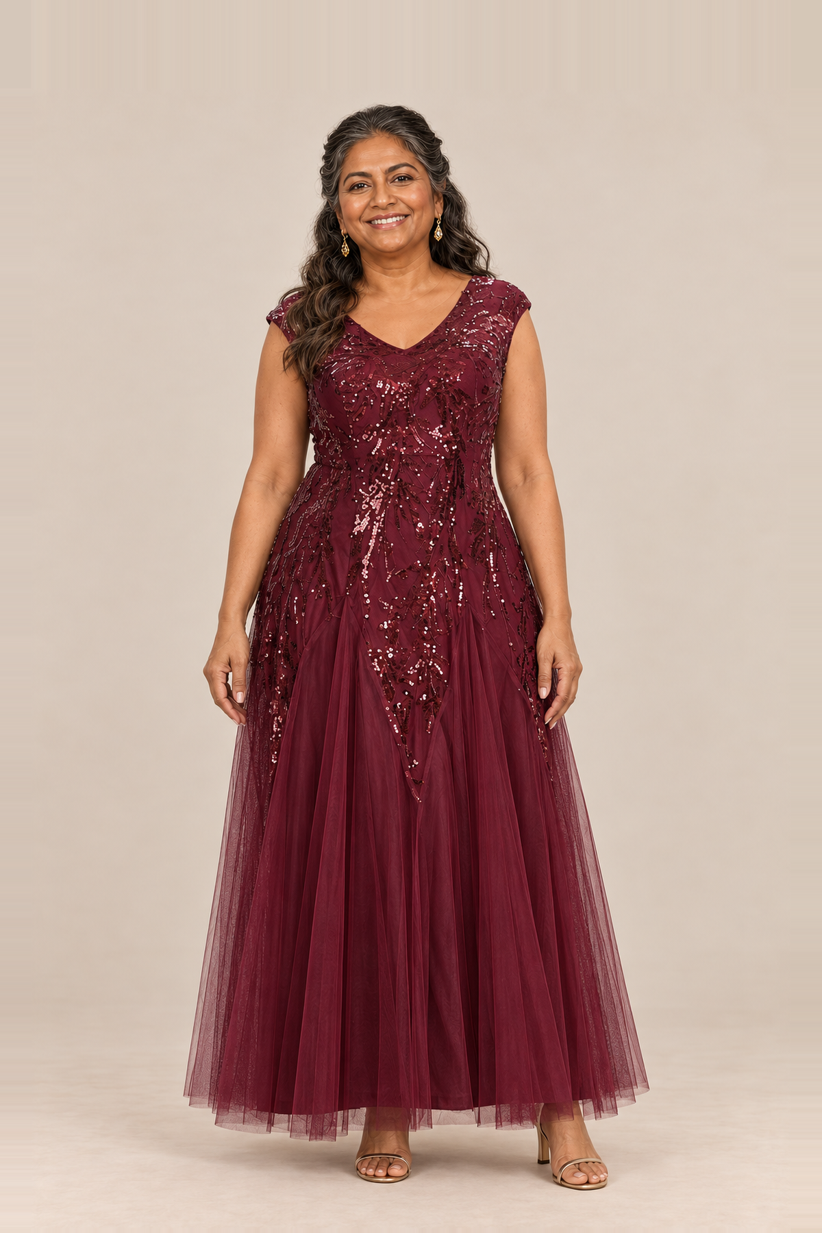 Sylvie Glitter Embroidered Burgundy Gown Soft Sparkle with Gentle Coverage by Dressology