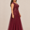 Sylvie glitter embroidered Burgundy gown by Dressology — plus side view