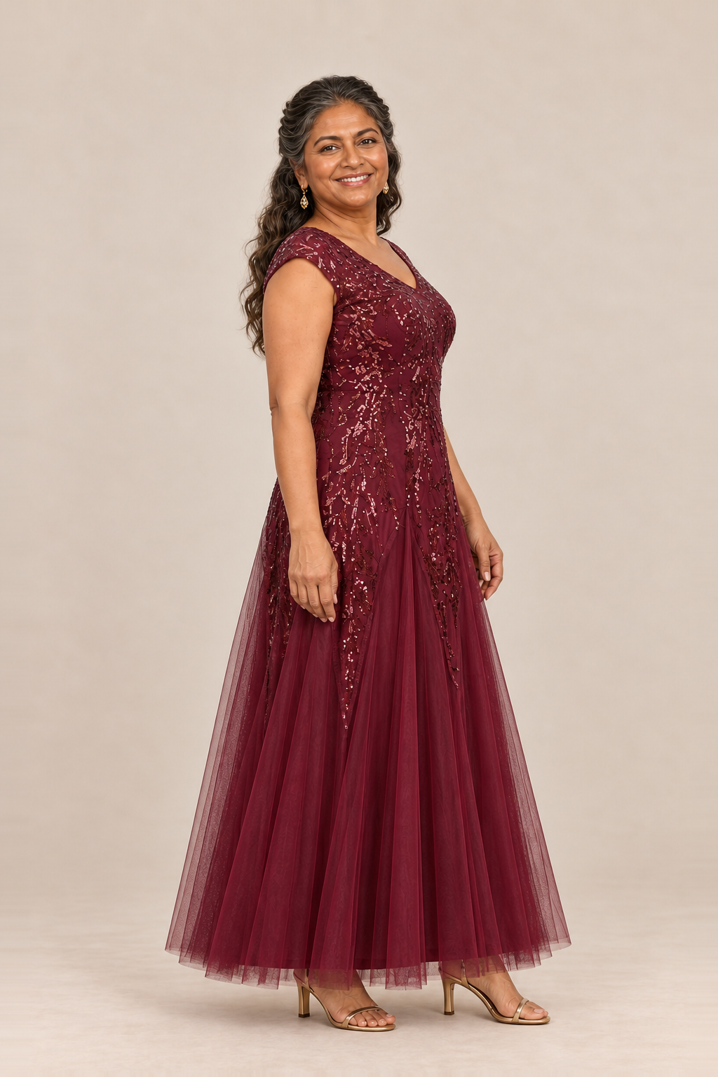 Sylvie glitter embroidered Burgundy gown by Dressology — plus side view