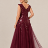 Sylvie glitter embroidered Burgundy gown by Dressology — regular back view