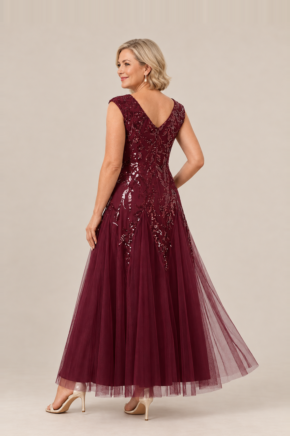 Sylvie glitter embroidered Burgundy gown by Dressology — regular back view
