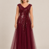 Sylvie glitter embroidered Burgundy gown by Dressology — regular front view