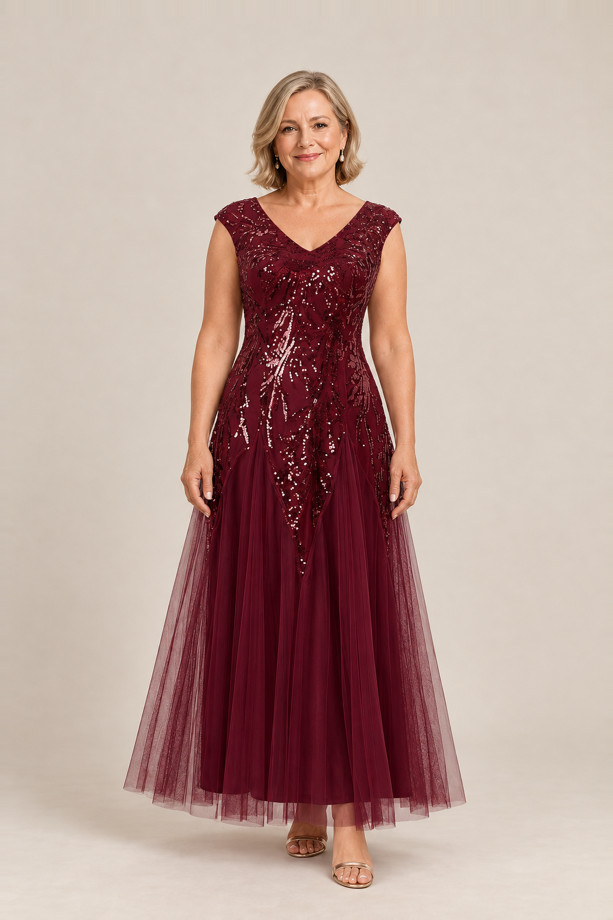 Sylvie glitter embroidered Burgundy gown by Dressology — regular front view