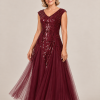 Sylvie glitter embroidered Burgundy gown by Dressology — regular side view