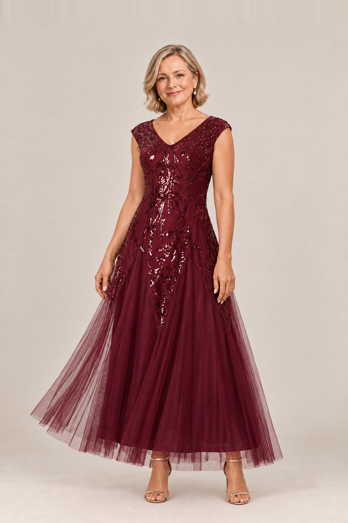 Sylvie glitter embroidered Burgundy gown by Dressology — regular side view