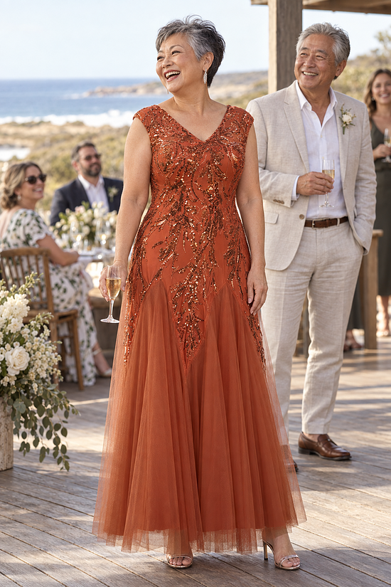 Sylvie Burnt Orange embroidered gown by Dressology, candid