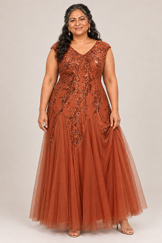 Sylvie Burnt Orange embroidered gown by Dressology, plus front