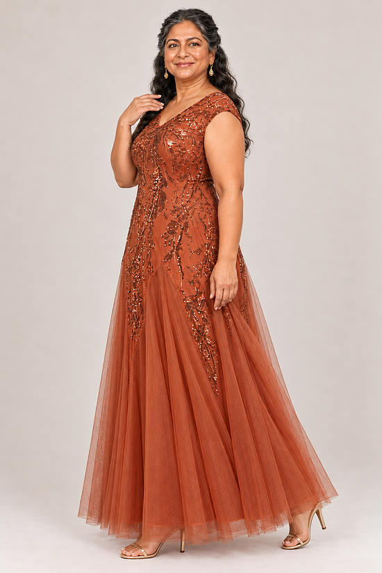 Sylvie Burnt Orange embroidered gown by Dressology, plus side