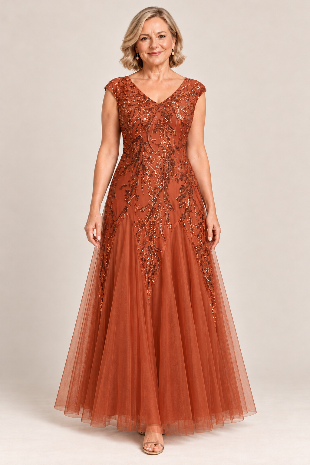 Sylvie Glitter Embroidered Burnt Orange Gown Soft Sparkle with Gentle Coverage by Dressology