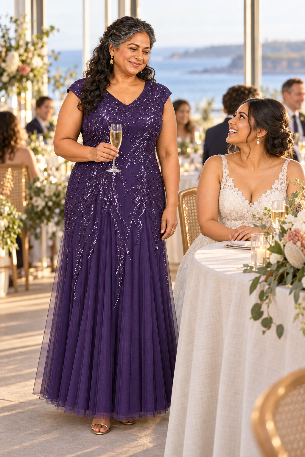 Mother with her adult child at a wedding, wearing the Sylvie Dark Purple gown by Dressology