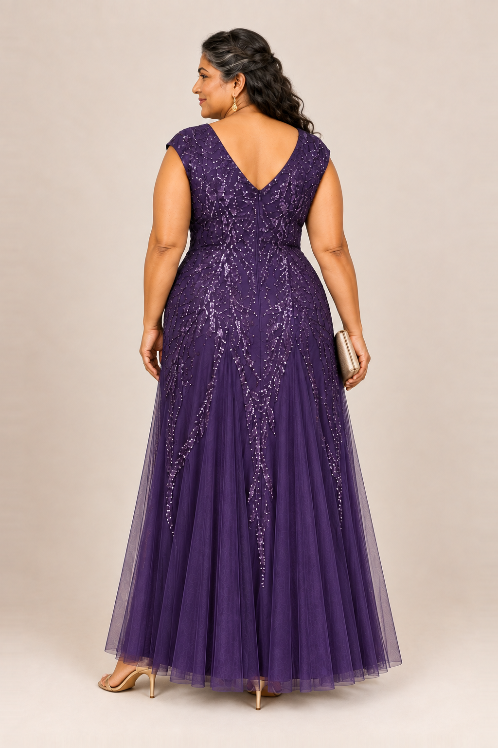 Sylvie glitter embroidered Dark Purple gown by Dressology — plus back view