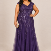 Sylvie glitter embroidered Dark Purple gown by Dressology — plus front view
