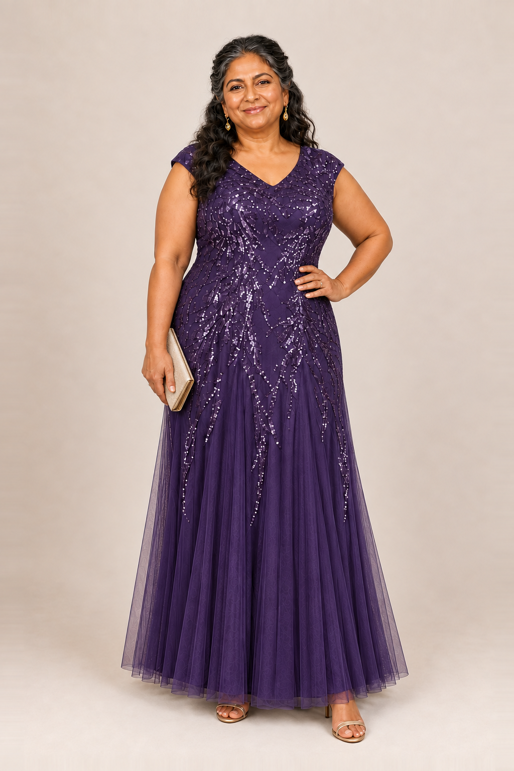 Sylvie glitter embroidered Dark Purple gown by Dressology — plus front view