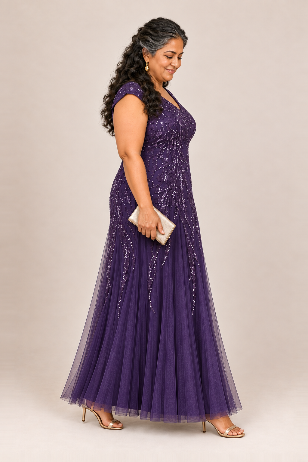 Sylvie glitter embroidered Dark Purple gown by Dressology — plus side view