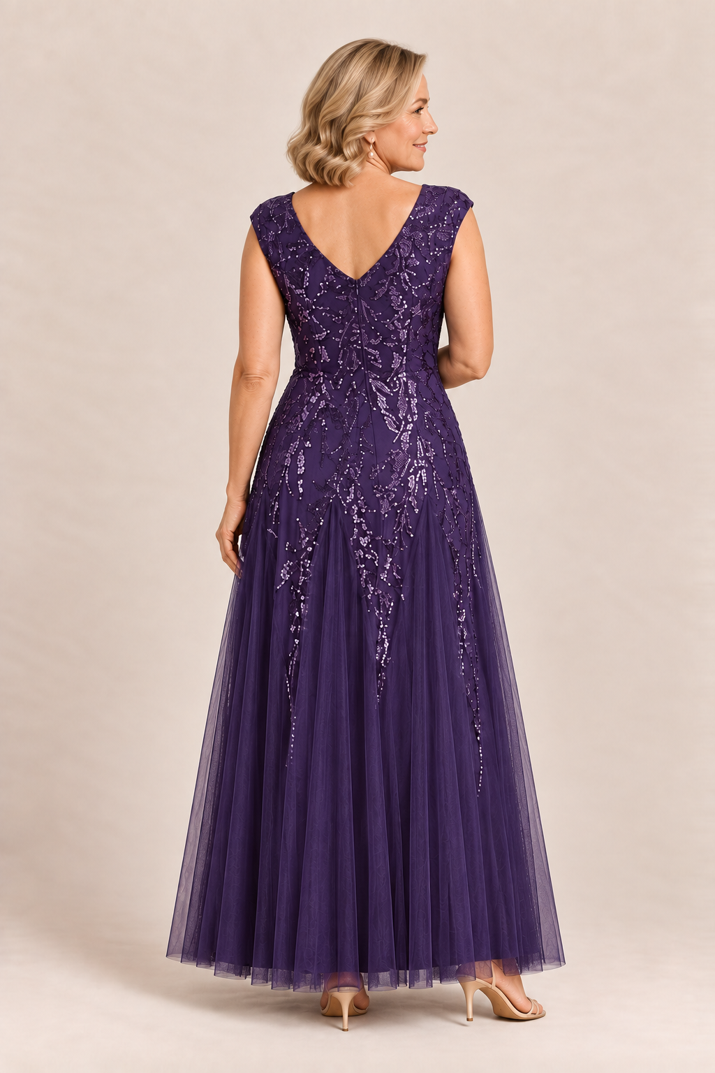Sylvie glitter embroidered Dark Purple gown by Dressology — regular back view
