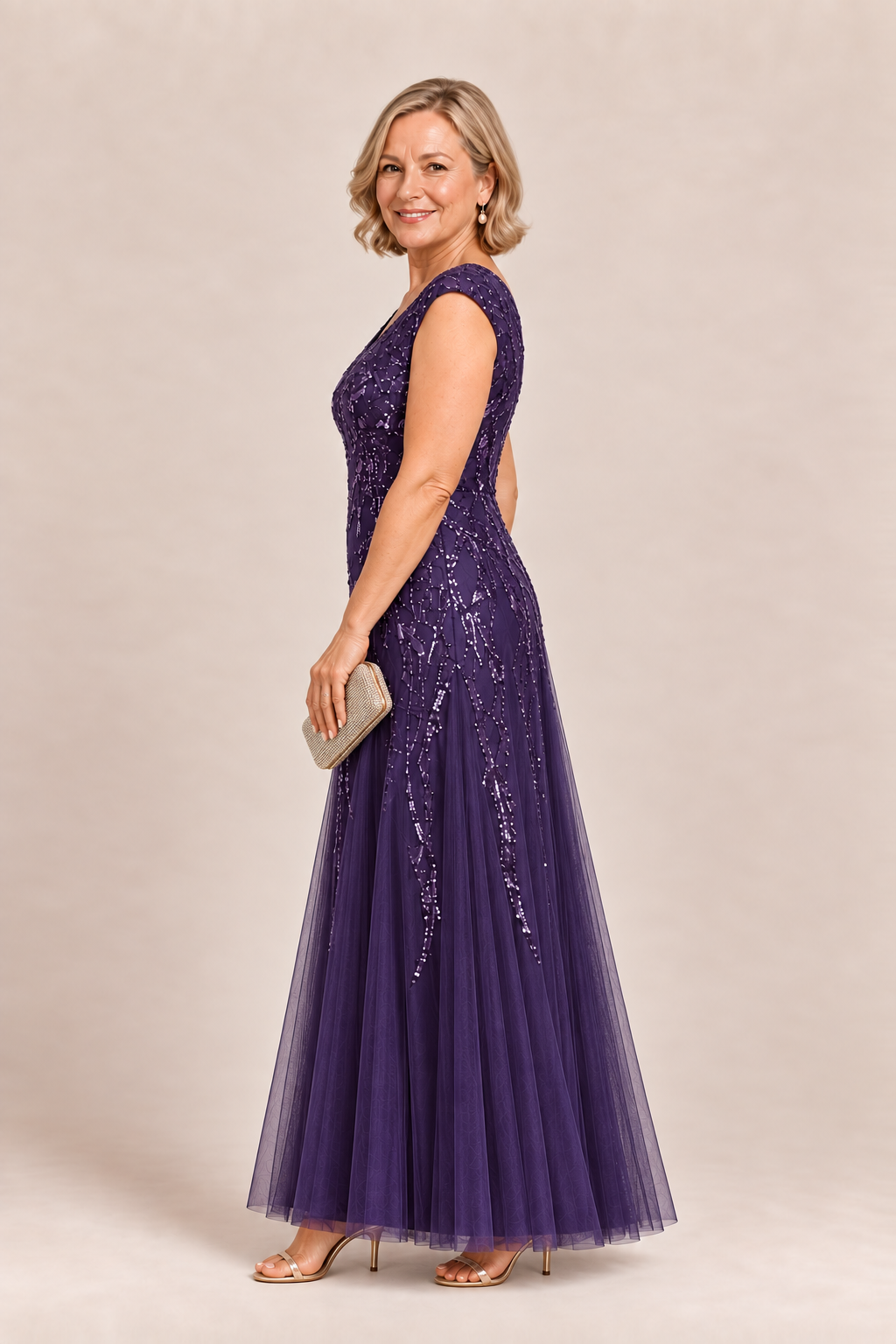 Sylvie glitter embroidered Dark Purple gown by Dressology — regular side view