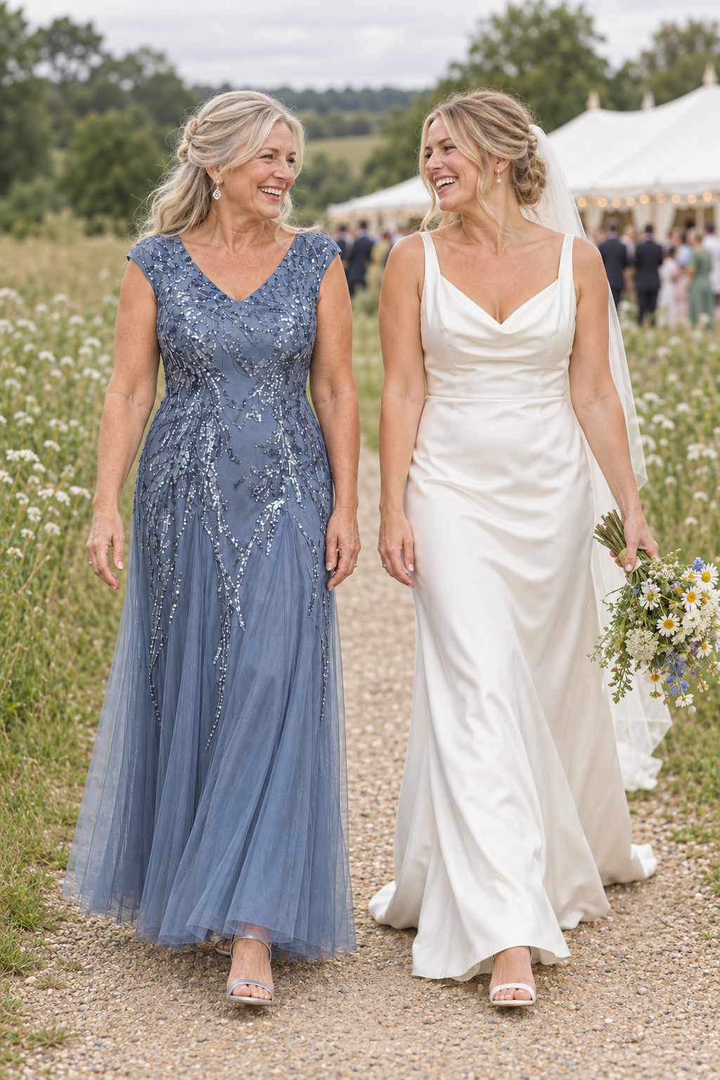 Mother with her adult child at a wedding, wearing the Sylvie Dusty Blue gown by Dressology