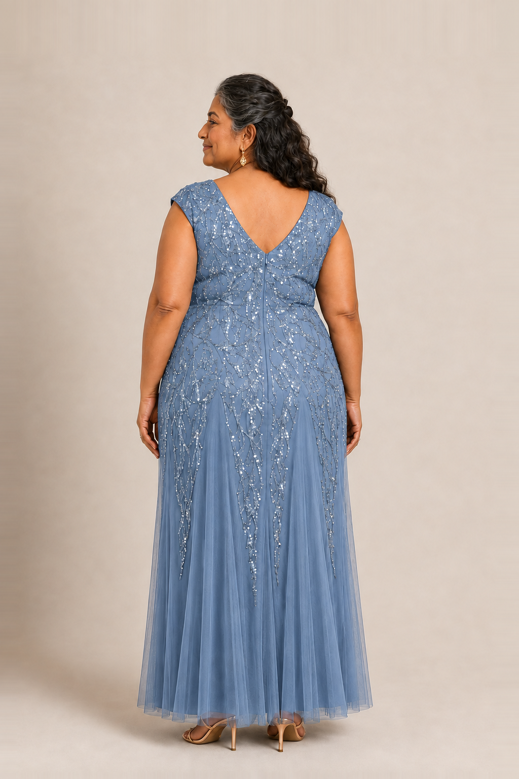 Sylvie glitter embroidered Dusty Blue gown by Dressology — plus back view