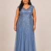 Sylvie glitter embroidered Dusty Blue gown by Dressology — plus front view