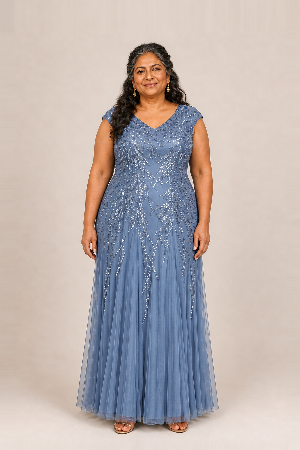 Sylvie glitter embroidered Dusty Blue gown by Dressology — plus front view