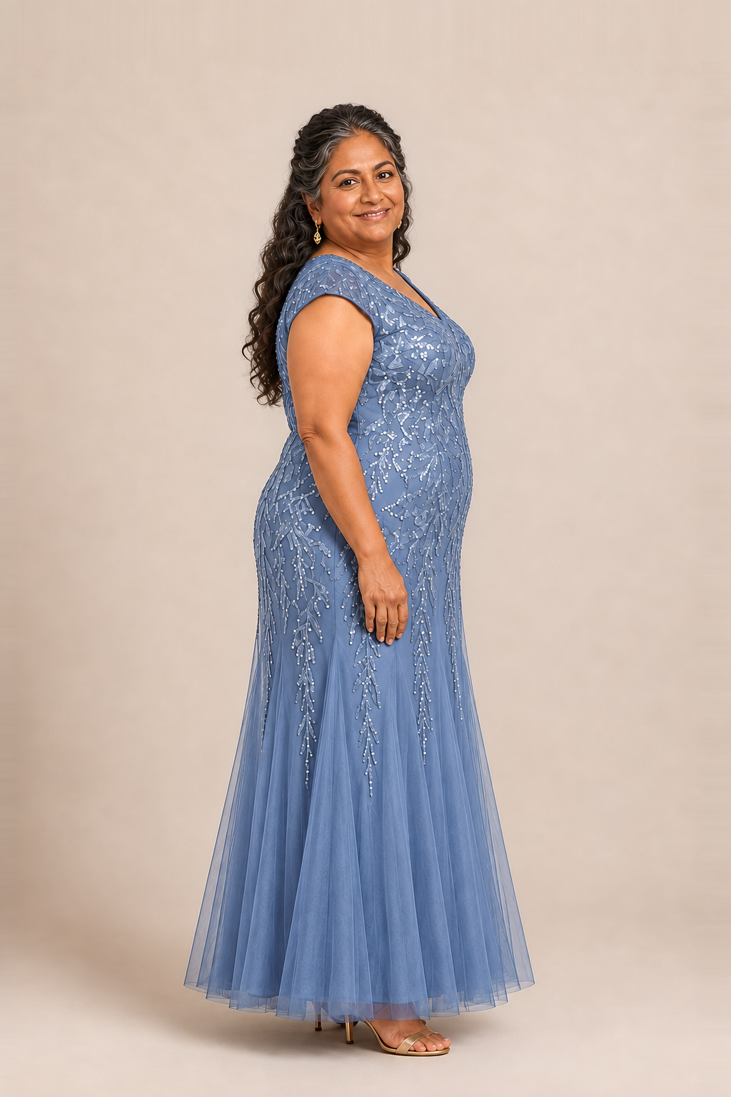 Sylvie glitter embroidered Dusty Blue gown by Dressology — plus side view