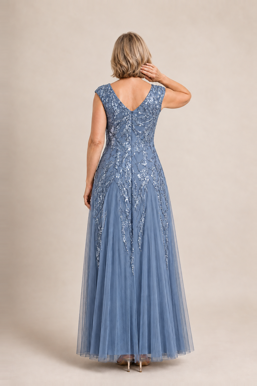 Sylvie glitter embroidered Dusty Blue gown by Dressology — regular back view